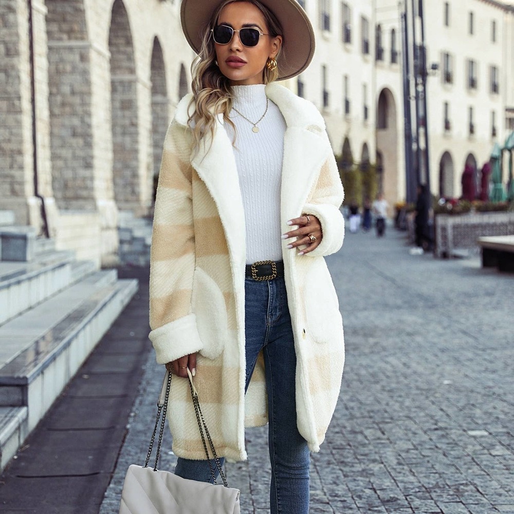 Lapel Plaid Patchwork Fleece Overcoat - Picture 1 of 10